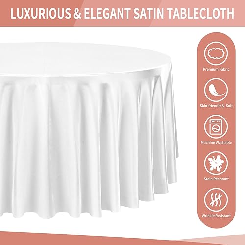 Miniatura 4 de Paquete de 10 manteles de satén de 120 pulgadas, redondos, sedosos, de color blanco, tela lavable y de seda brillante, para decoración de bodas,