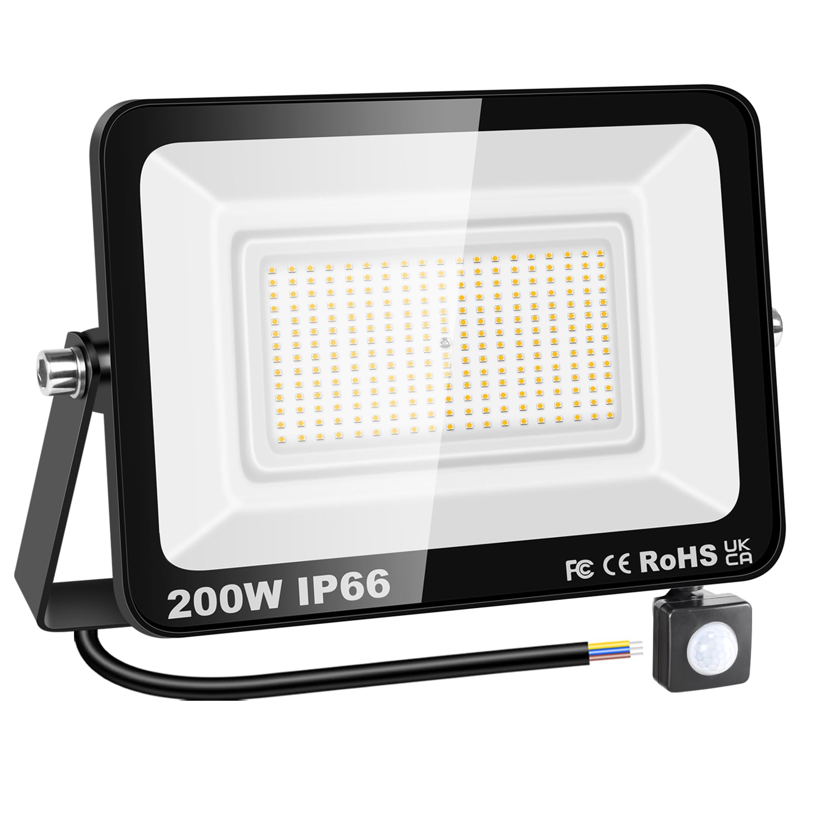 200W Flutlicht Außenbereich mit Bewegungsmelder, 3000K Warmweiß | 20000LM, PIR, IP66 wasserdichte, Sicherheitsleuchten Wandleuchte, für Garten, Garage, Hof, Sportplatz, Terrasse, Gehweg