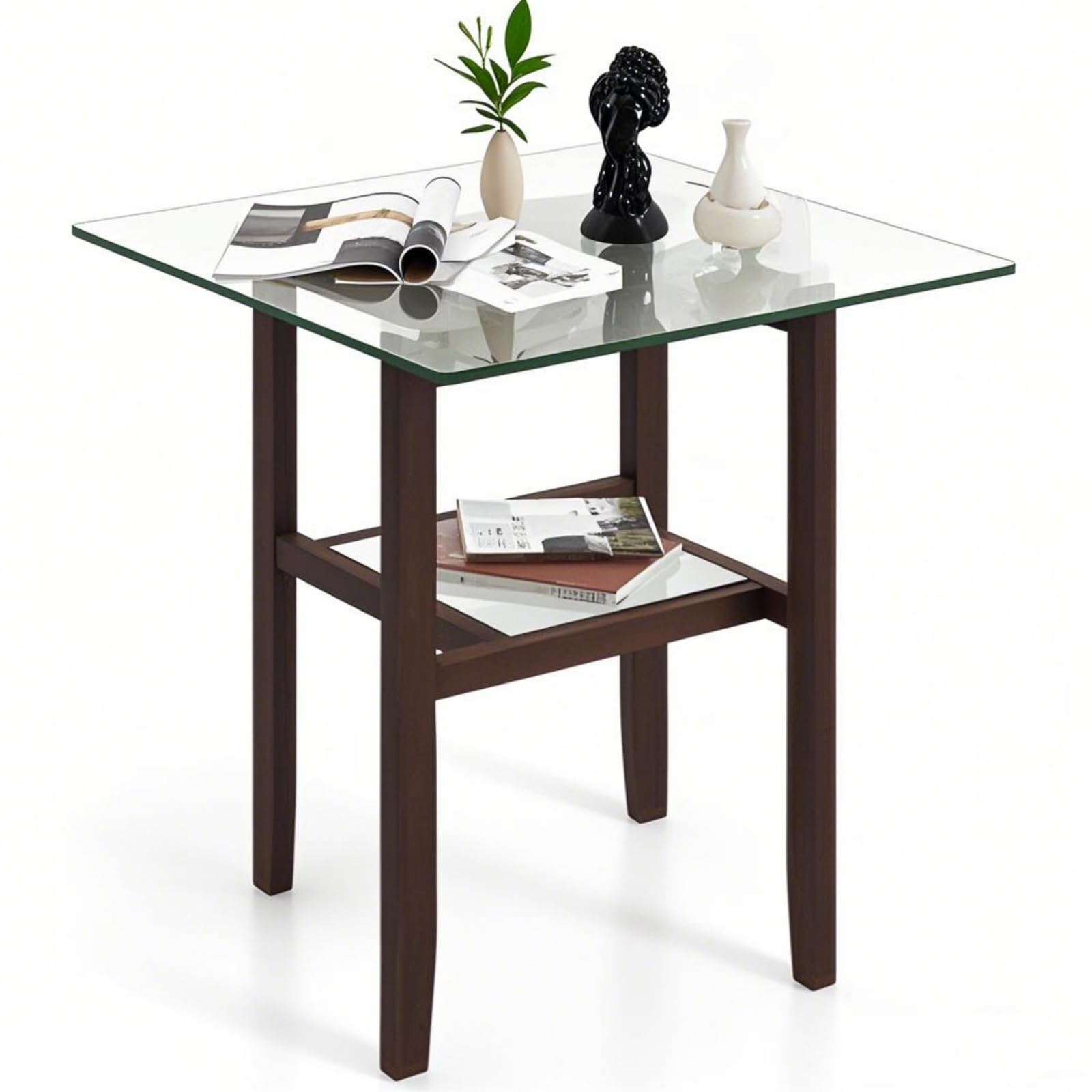 LIFEZEAL Tavolino da Divano, Tavolino Laterale da Caffè, da Soggiorno, in Legno Massello e Vetro Temperato, a 2 Ripiani, Vintage, Basso, Max 68 kg, 61x61x62 cm, Montaggio Semplice, Marrone Rustico