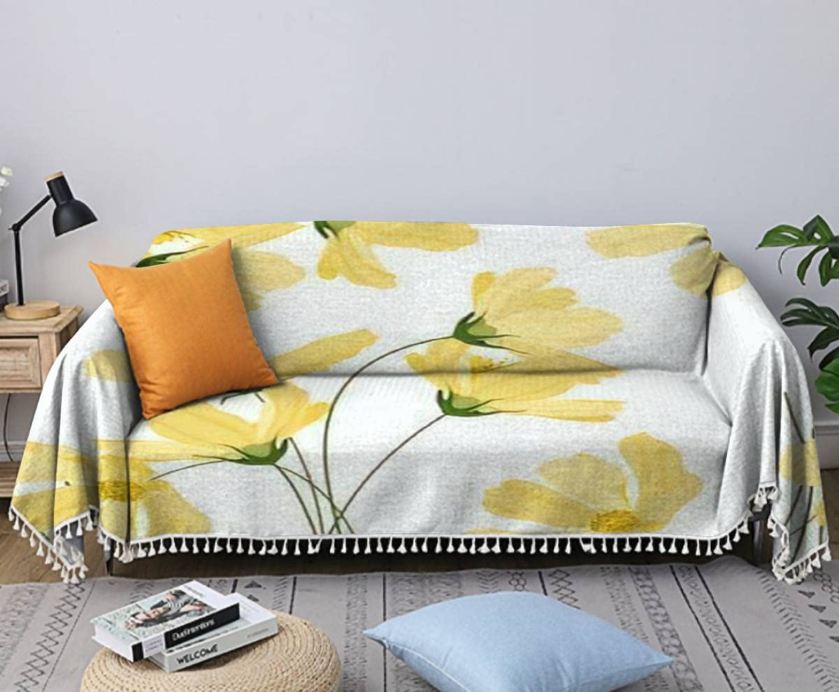 Sofa Towel Yellow pastel blooming Flowers cosmey Realistic isolated seamless Cover Chair Slipcovers Cotton and Linen Weaving Tassel Soft Non-Slip Decoration Blanket Background Furniture Protector