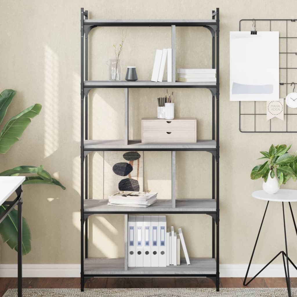 Estantería industrial de cinco niveles en gris Sonoma Librería de madera para libros y decoraciones, con tres estantes y trastero, estantería con estructura de metal y madera