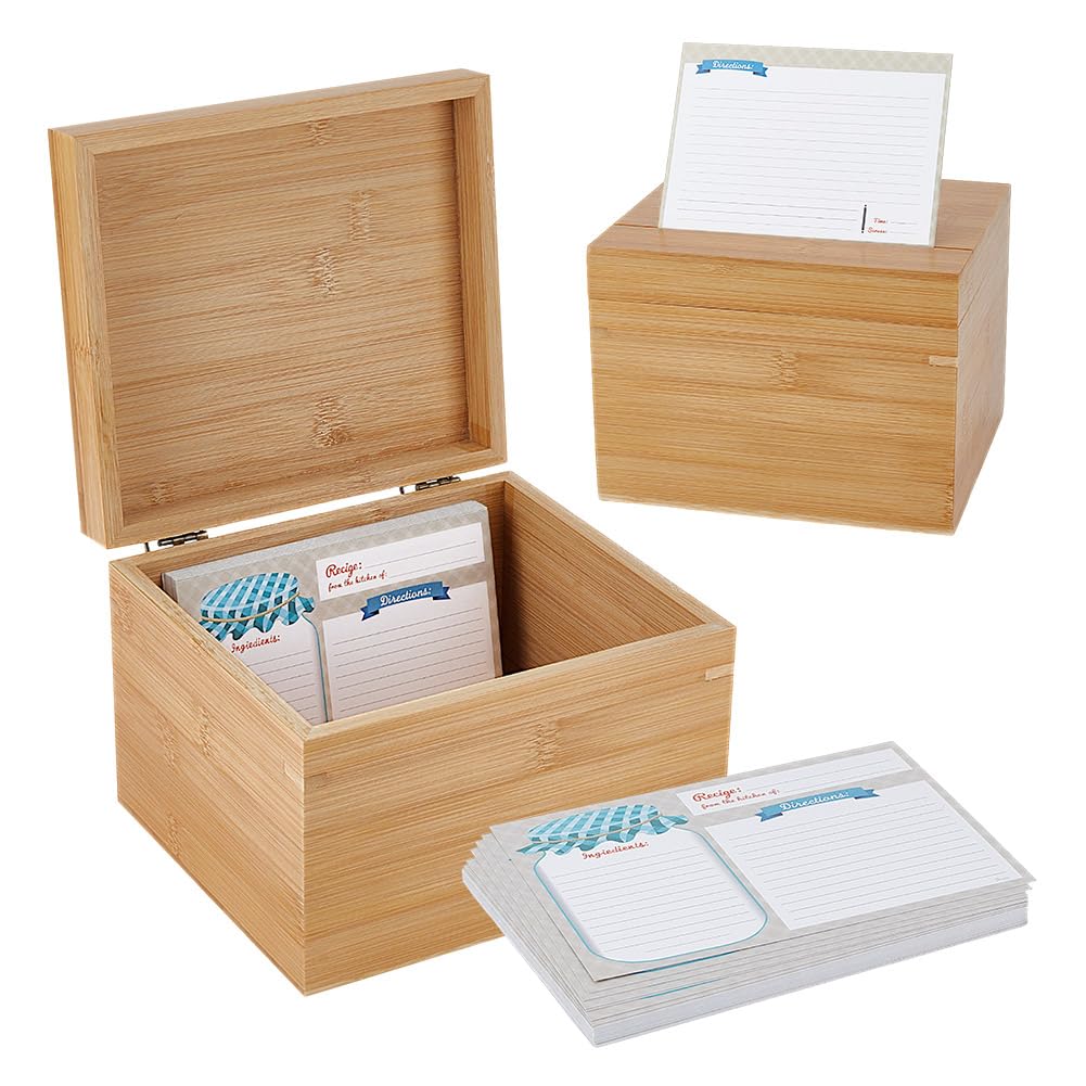 NBEADS Wooden Recipe Box, Recipe Card Holder Box with 50 pcs Blank Recipe Cards Flip Cover Wooden Box for Home Kitchen Storage, 6.38x7.13x5.31inch
