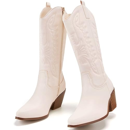 TINSTREE Women's Embroidered Cowboy Boots for Women Knee High Western Boots Cowgirl Boots Mid Calf Pointy Toe Riding Wedding Boots