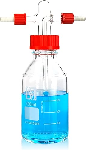 Vista 9 de ALWSCI Botella de lavado de gas al vacío de laboratorio, vidrio de 33.8 fl oz, botella de búfer de laboratorio graduada, cabeza Drechsel GL45