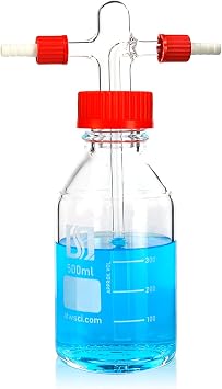 ALWSCI Lab Vacuum Gas Washing Bottle, 500mL Graduated Lab Buffer Bottle, Vacuum Wash Bottle Glass,Drechsel Head GL45 with Gas bubber tube Adjustable Immersion, 2 threads GL14 PBT Red Screw Cap, 1set