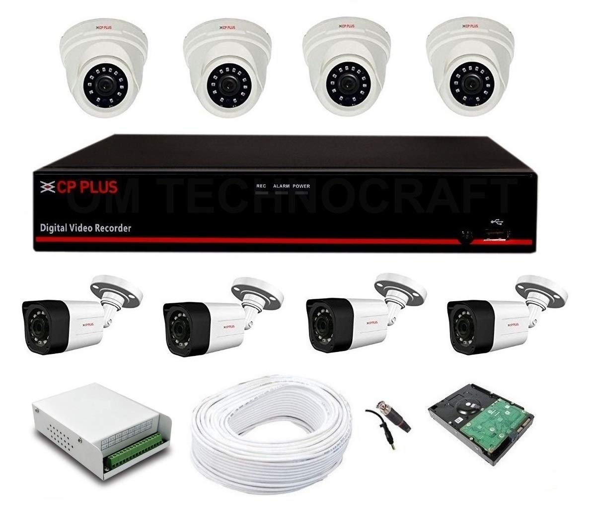 CP Plus Astra HD 8 Channel DVR with 2.4 MP 4 Dome & 4 Bullet Cameras + 2 TB Surveillance HDD + (3+1) Cable 90 Mtr + 8 CH Power Supply + BNC & DC Full Combo Kit