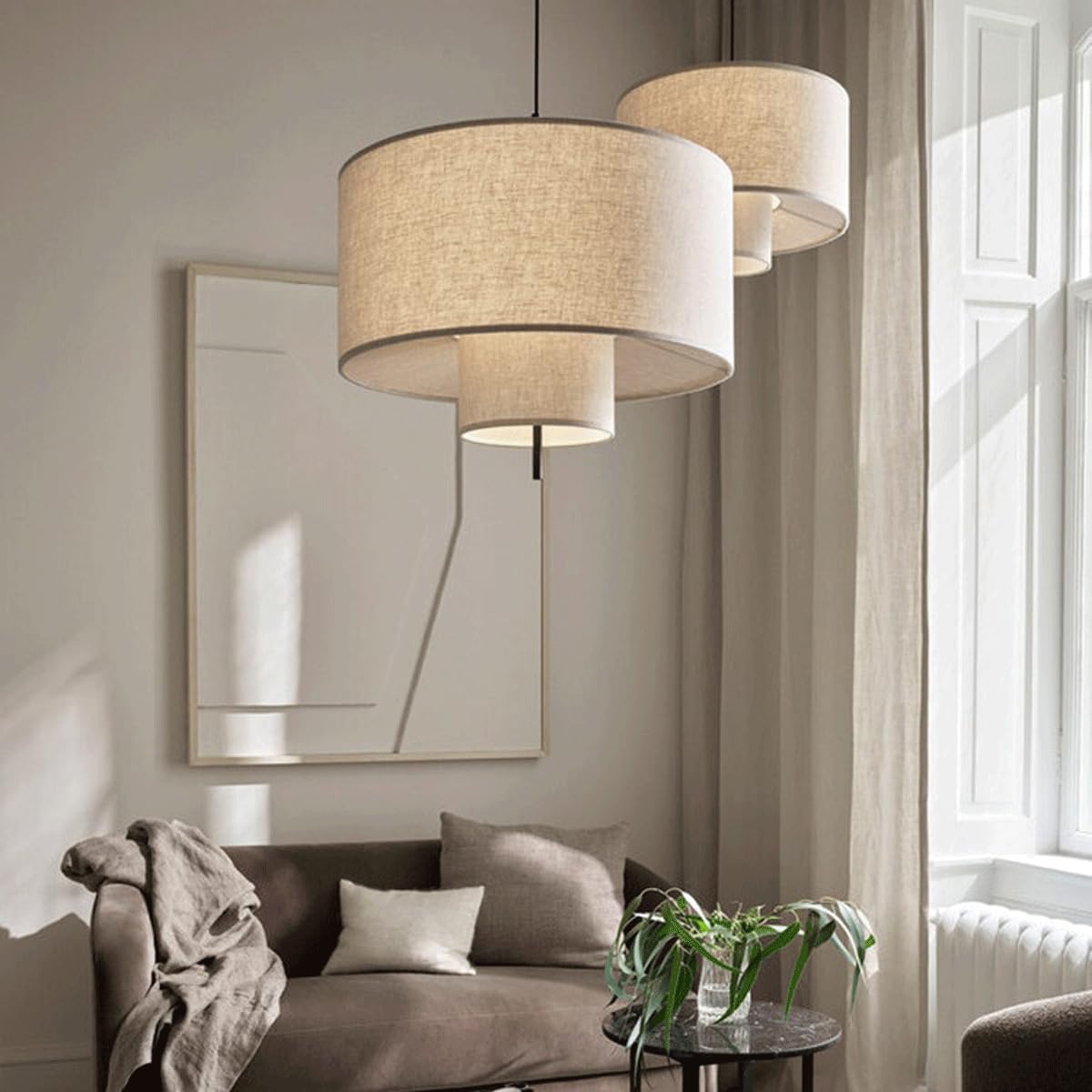 Luminaires Suspendus de Ferme, éclairage Suspendu Tambour à 2 Niveaux avec Abat-Jour en Lin, lustres Suspendus rustiques de 15,76 Pouces pour Salon Cuisine Salle à Manger E26