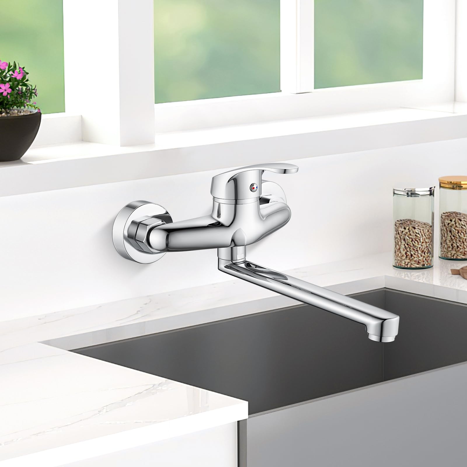 Rubinetto da cucina a parete, girevole a 360°, miscelatore da cucina, miscelatore monocomando per tubo girevole da 230 mm, acqua calda e fredda, cromato