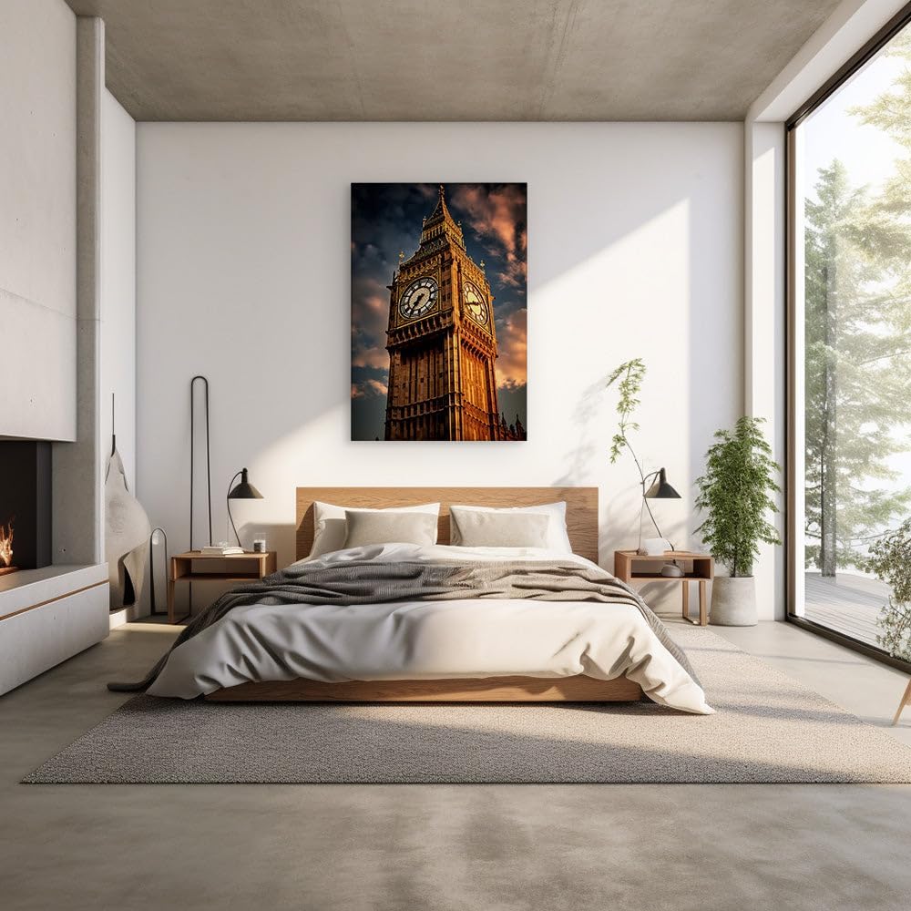 Canvas for Living room. Big Ben's Majestic Presence Against a Dramatic Sky: A Symbol of London's Timeless Grandeur, 27 x 18 inch Canvas Wall Art - Contemporary Masterpieces - Modern Home Decor