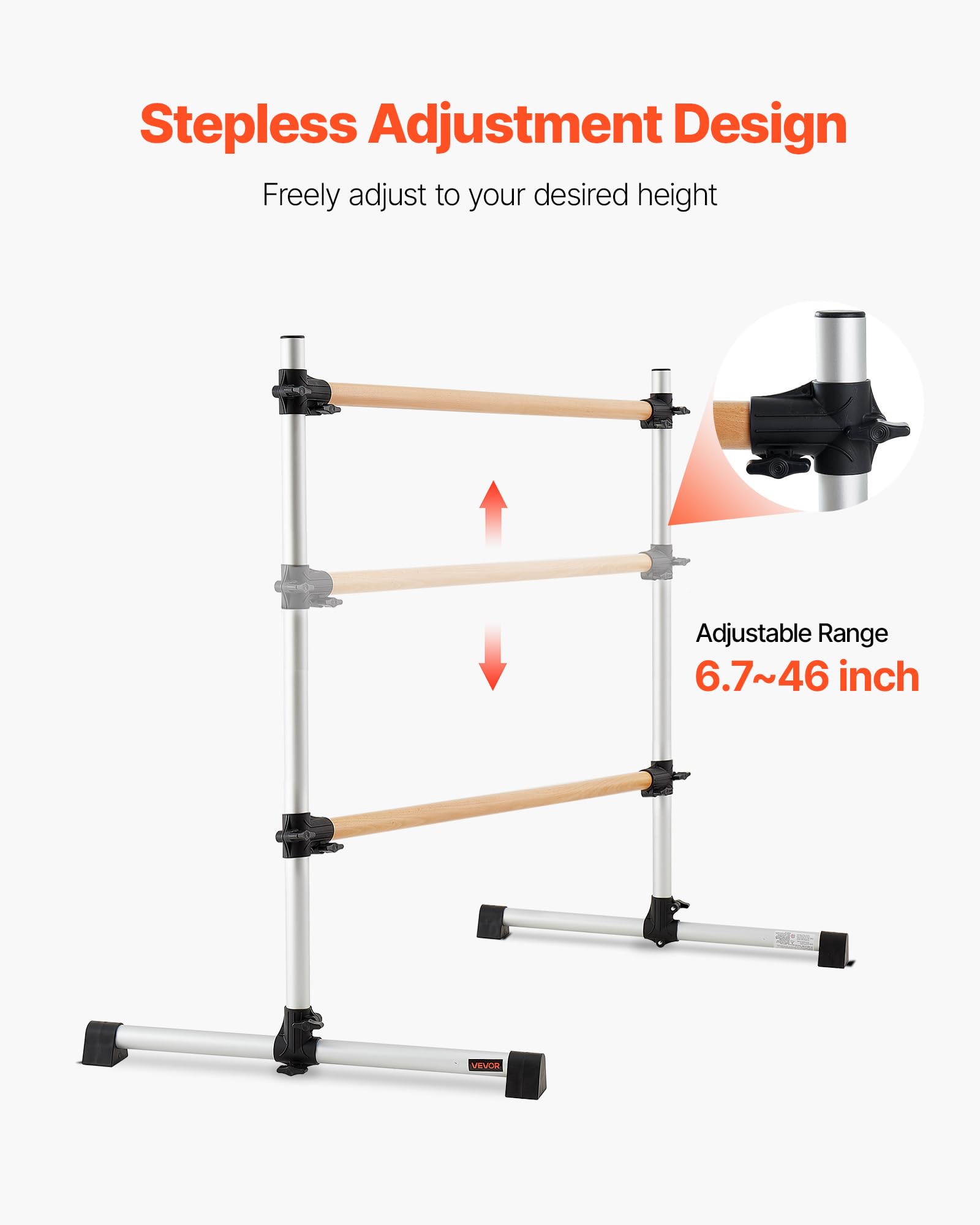 VEVOR Barra de Ballet Independiente Doble, Madera, Entrenamiento de Equilibrio, 1260x760x1180 mm, Carga 136 kg