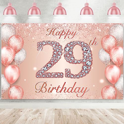 Image of Happy 29th Birthday Rose Gold Banner Cheers to 29 Years Old Backdrop Confetti Balloons Theme Decor for Women 29 Years Old Pink Birthday Party Decorations Bday Supplies Background Favors Gift Glitter