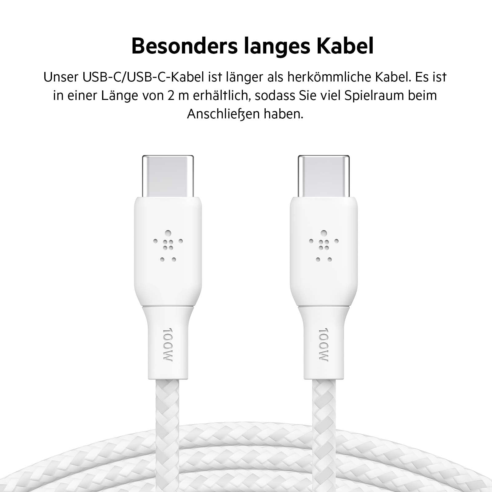 Belkin USB-C/USB-C-Kabel, 100 W Power Delivery USB-IF-zertifiziertes 2.0-USB-C-Ladekabel mit doppelt geflochtenem Nylonmantel, iPhone 17, 16,15, iPad Pro, MacBook, Galaxy S24, Pixel, 2 m - Weiß