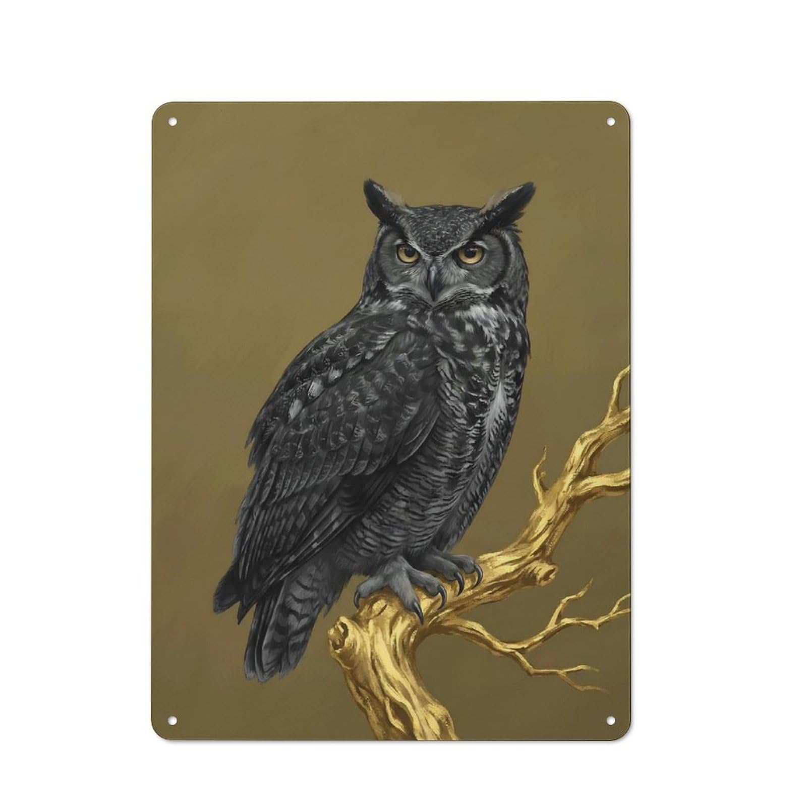 Shop Front Style Great Horned Owl on Golden Branch Cafe Metal Sign 40x30cm, Bistro Wall Plaque for Tea Room, Shop Wall Or Breakfast Area