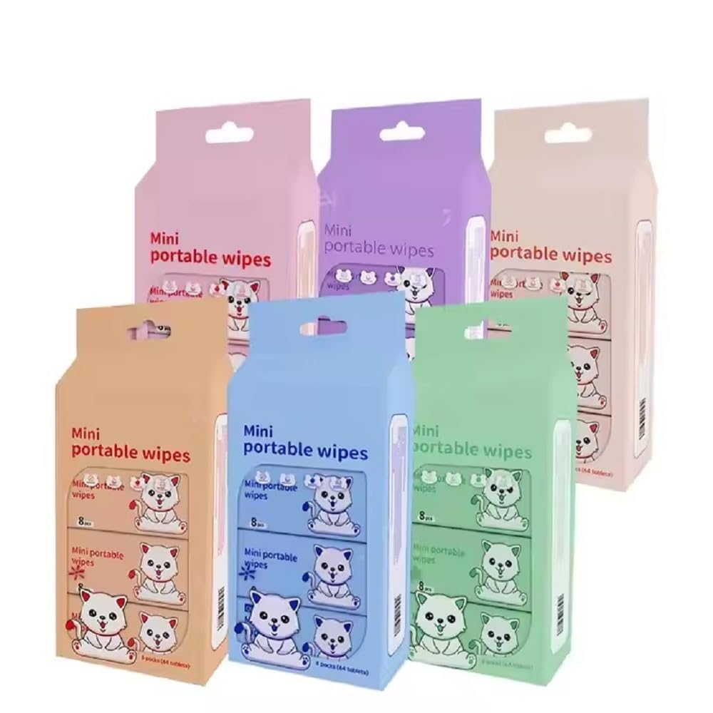 Mini Portable Disposable Baby Wipes Water Wipes Baby Skin Care Wet Tissue Pocket Travel Friendly for Household Kids Skin Hand Face Sanitizing Cleaning Moisturizing Total 64 Wipes In 8 Pouch, (Pack Of 1, Multi Colour)-image-44