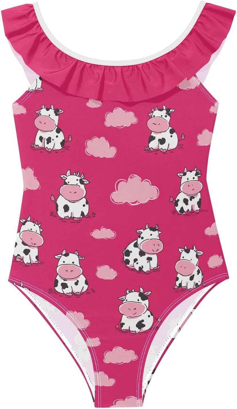visesunny Girls One Piece Swimsuits Ruffle Swimwear Pink Cartoon Cow Bathing Suits for Girls 3-6Y