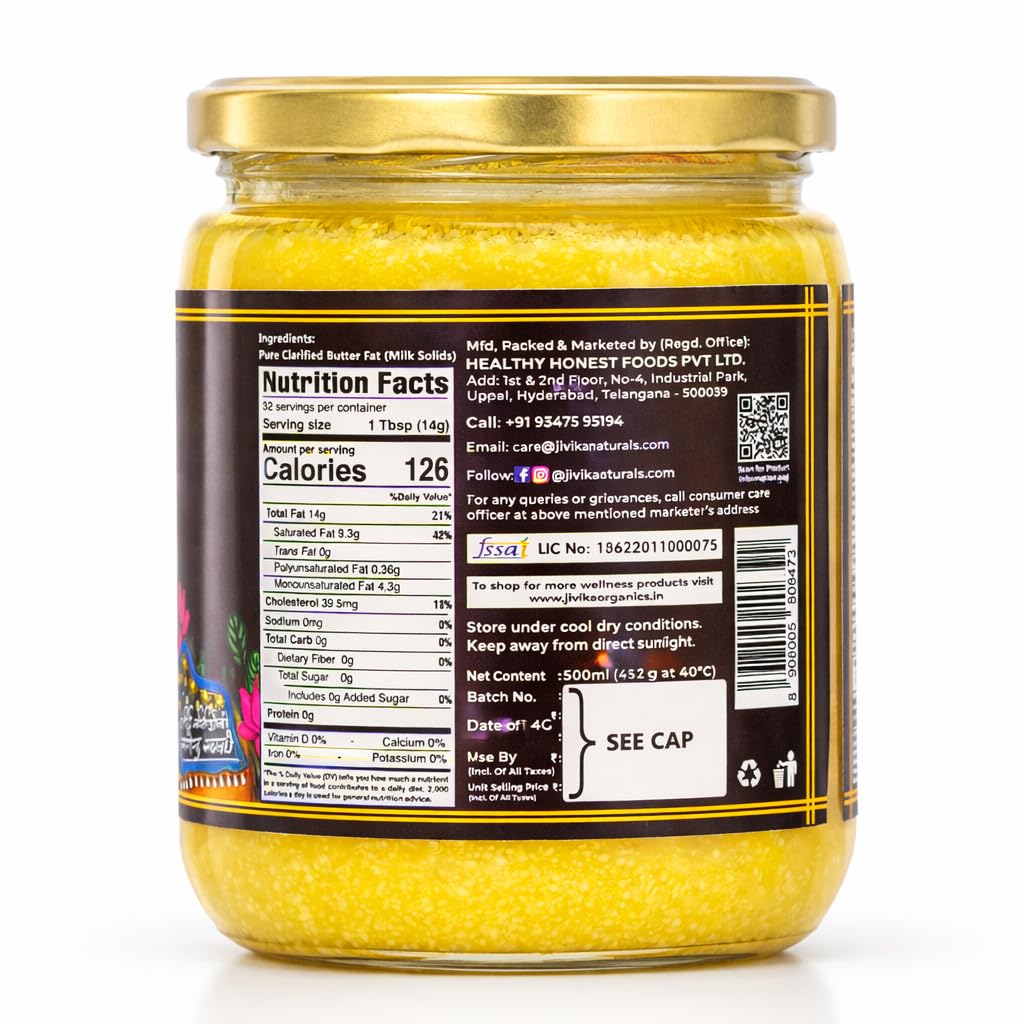 JIVIKA NATURALS Organics A2 Cow Ghee Bilona Method Gir Cow Hand Churned From Curd Lab Tested Glass Jar Pure Ghee Natural Ghee Healthy Ghee Made in Bilona Gir Cow 500ml