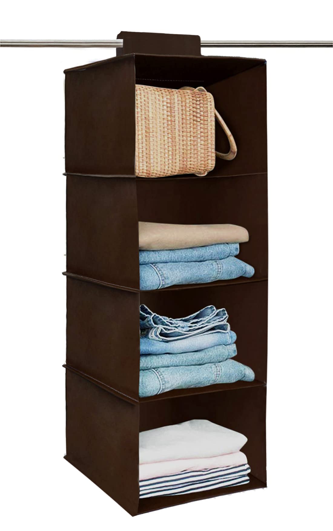 Kuber Industries Non Woven Hanging 4 Shelves Foldable Wardrobe Organizer- (Brown)-HS40KUBMART23985