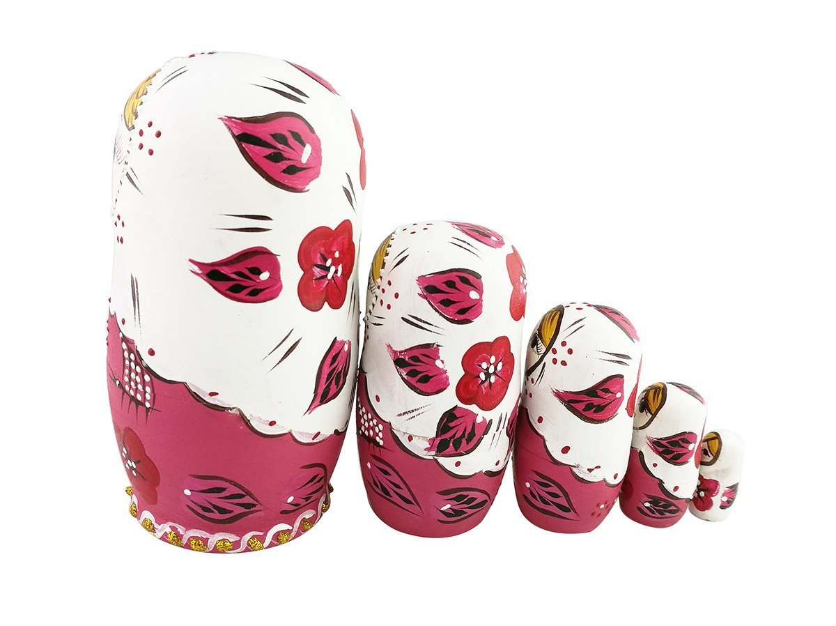 Lot de 5 poupées russes russes en bois avec fleurs rouges et roses - Jouet empilable en bois fait à la main - Cadeau amusant pour chambre d'enfant
