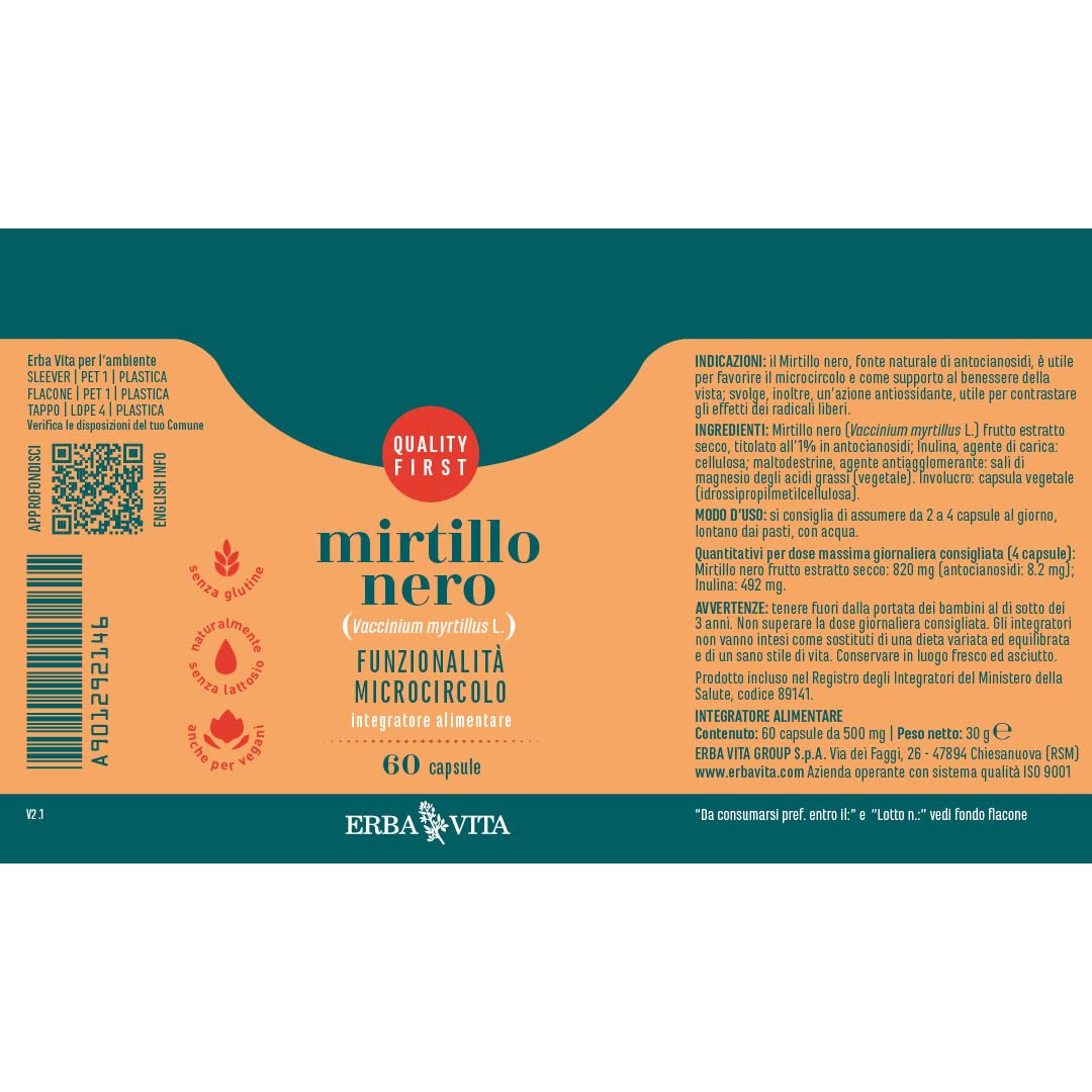 ERBA VITA Integratore Alimentare Di Mirtillo Nero - 60 Capsule - Fonte naturale di antocianosidi (Confezione da 2)