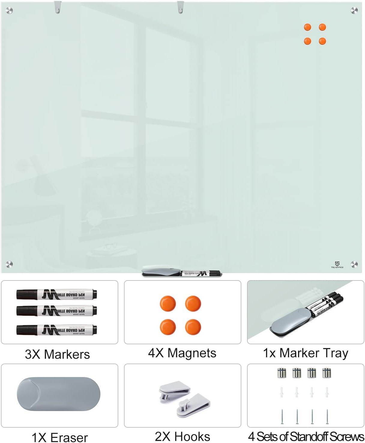 TSJ OFFICE Glass Dry-Erase Board - 48 x 36 Inches Wall Mounted Glass Whiteboard, Large Frameless Magnetic White Board for Office, Home & School, White
