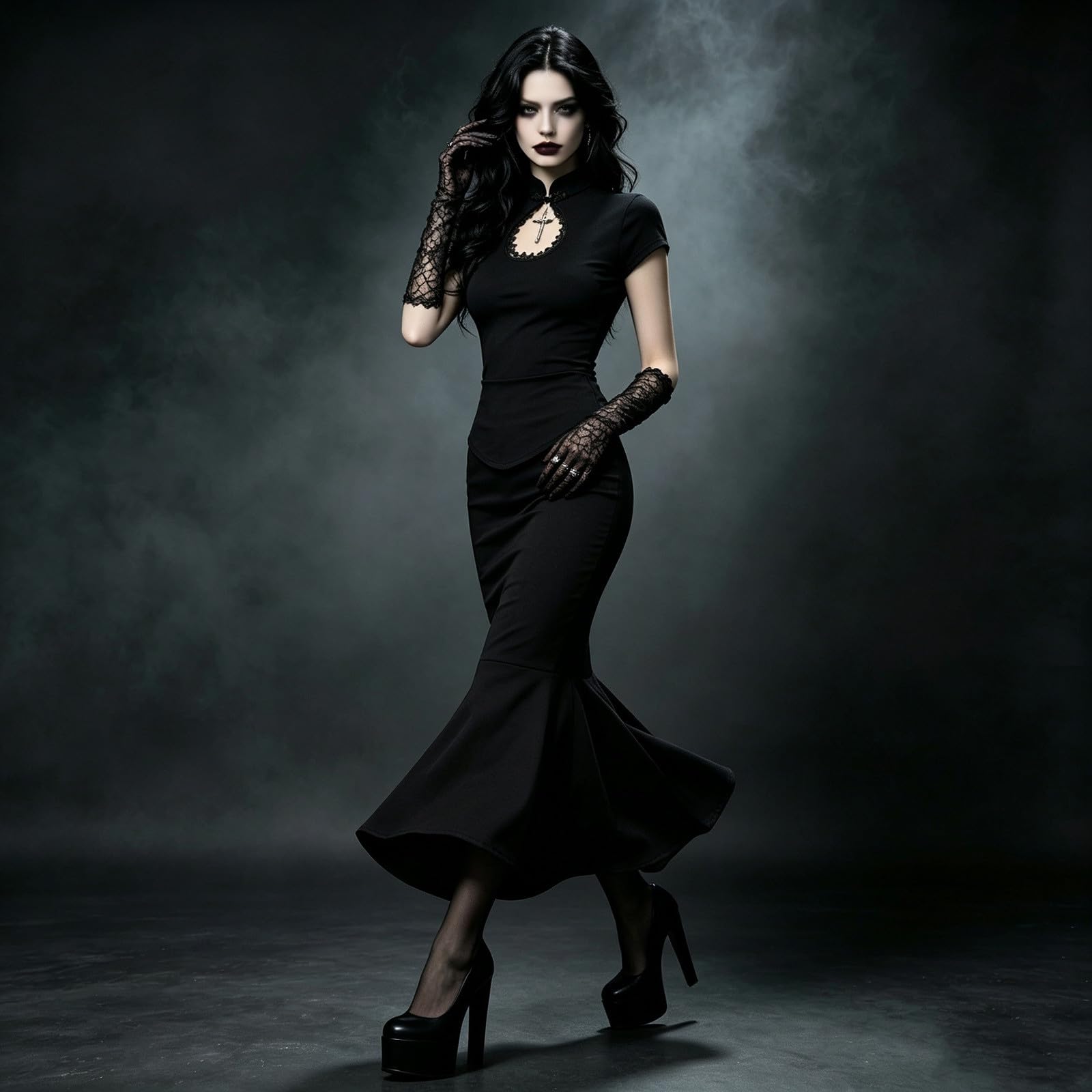 Generisch Elegante costume cinese scuro per Halloween con scollo profondo e silhouette sciancrata