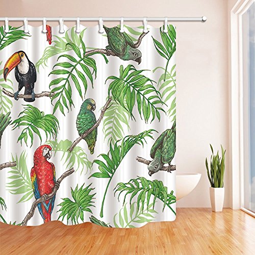Nyngei Rideaux de douche en polyester imperméable pour salle de bain Motif perroquet et toucan avec feuilles de palmier tropicales 180 x 180 cm Crochets inclus Vert Cover