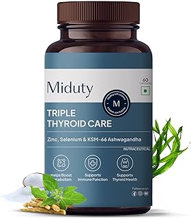 Miduty Triple Thyroid Care Supplement - Rapid Action Formula | KSM-66 Ashwagandha, Sea Kelp, Zinc, Selenium, L-Tyrosine | Supports Thyroid Health | 60 Capsules