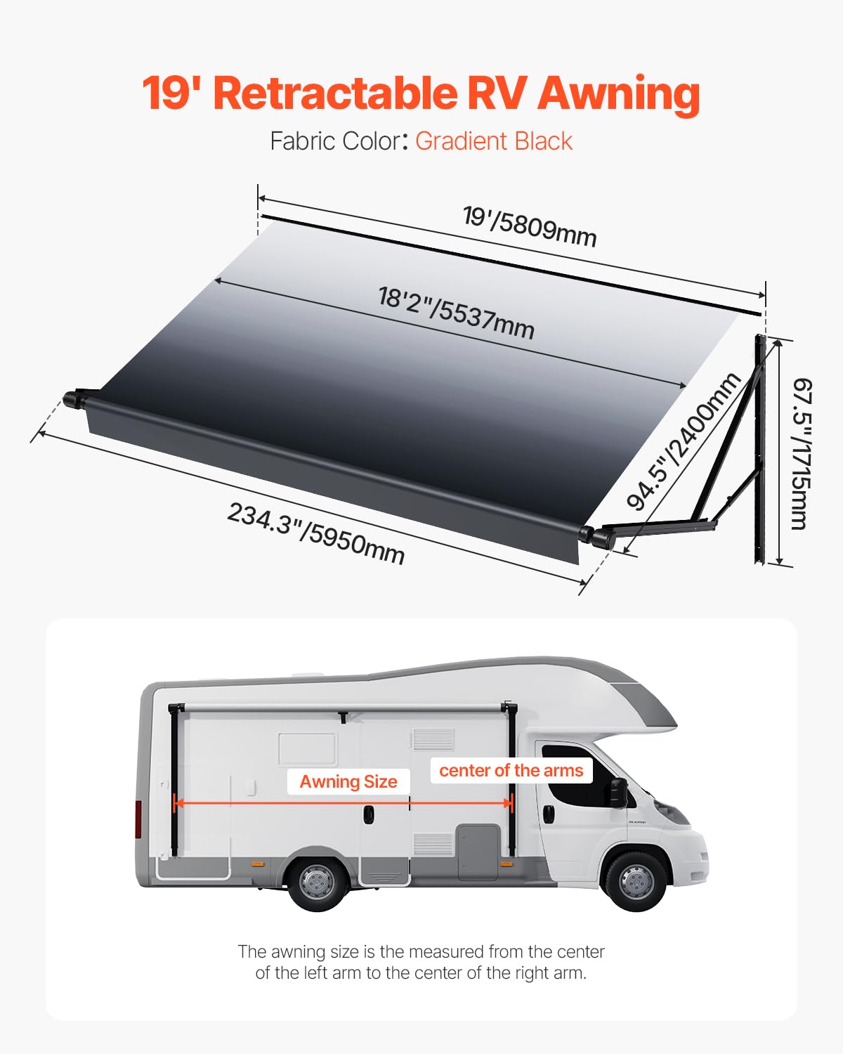 VEVOR Elektryczna markiza do samochodów kempingowych, wodoszczelna, modułowa, markiza boczna (5809 mm) z ramą ze stopu aluminium, czarna markiza zewnętrzna z gradientem kolorów, ochrona przed słońcem
