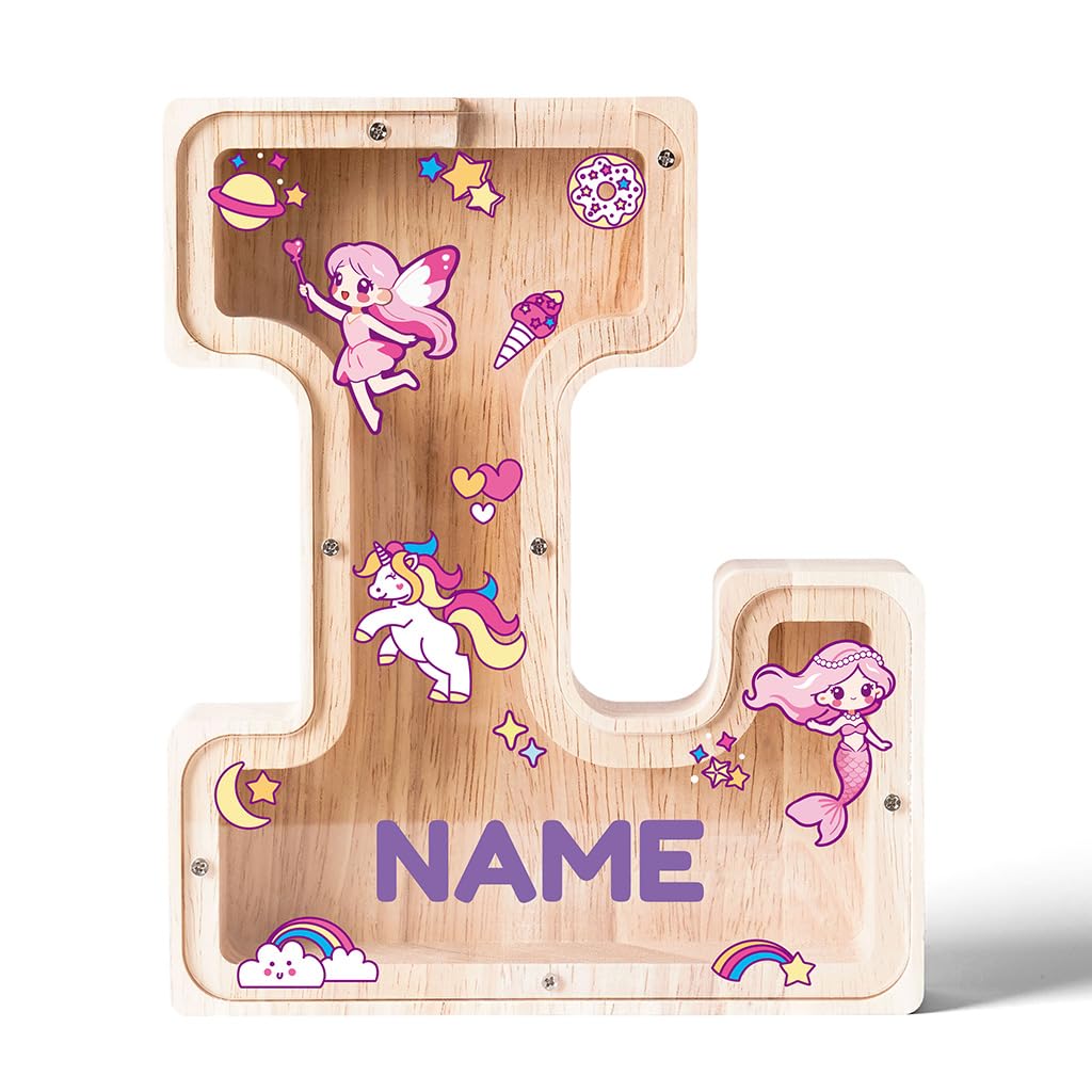 Personalized Wooden Letter Piggy Bank for Kids | Custom Name Alphabet Coin Bank A–Z | Money Saving Box for Boys and Girls | Birthday Gift for Children (L)