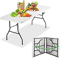 Vista 1 de Mesa plegable portátil de plástico de 6 pies y 71 pulgadas, parte superior resistente con asa de transporte, interior y exterior, patio, camping