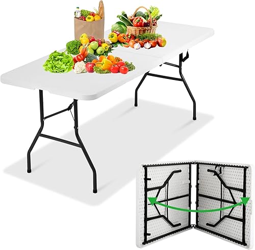 Mesa plegable portátil de plástico de 6 pies y 71 pulgadas, parte superior resistente con asa de transporte, interior y exterior, patio, camping,