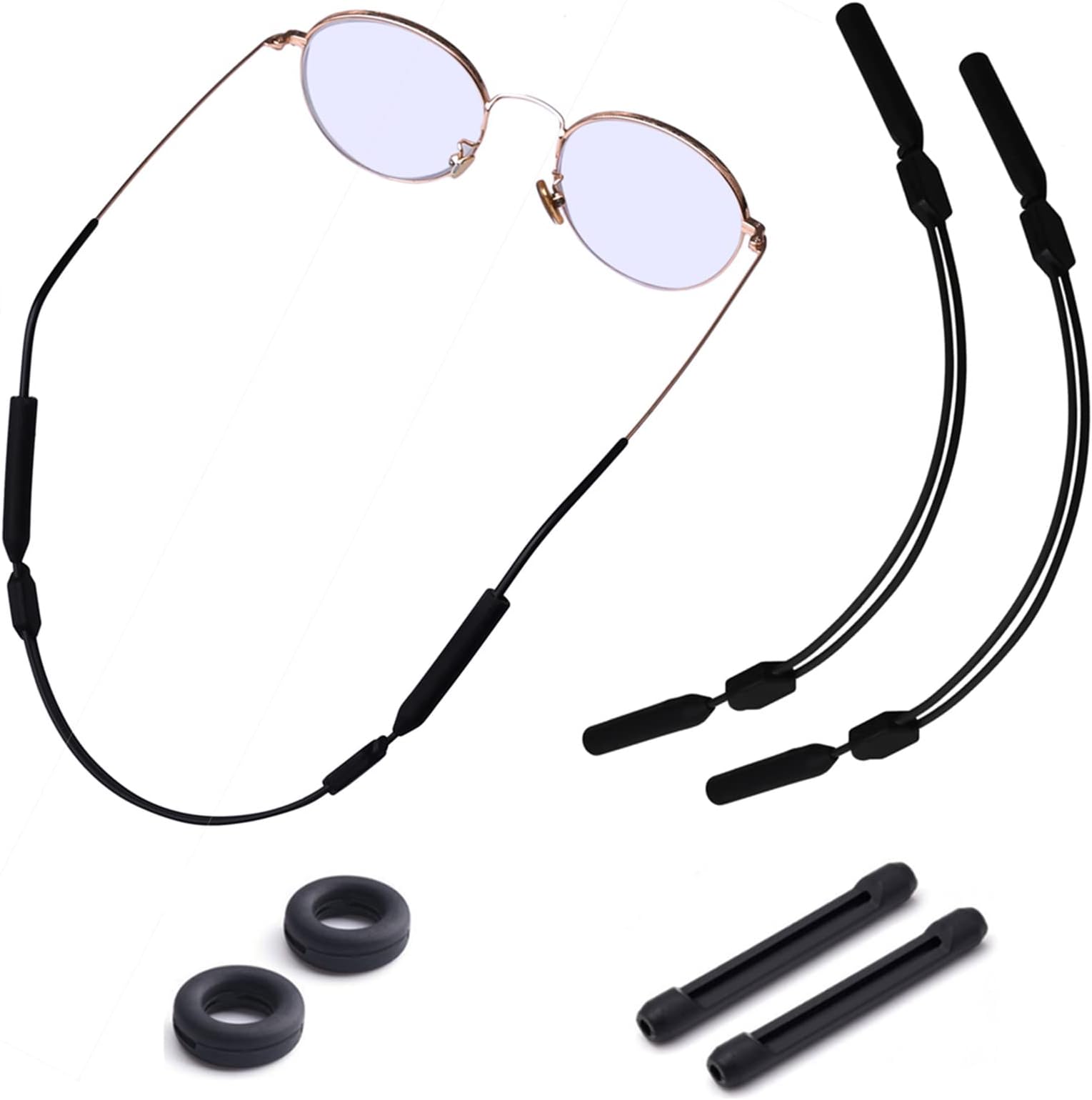 ZHIYE Sports Eyewear Retainer Set, 2pcs Adjustable Glasses Strap with 1pair Anti Slip Eyeglass Pads + 1pair Round Eyeglass Temple Tips for Eye Glasses Sunglasses