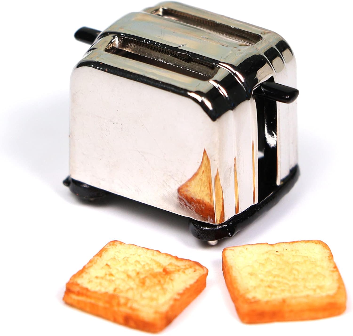 Miniature Toaster (Silver & Black) with 2 Pieces Breads Dollhouse Kitchen, Miniature Kitchen Breakfast, Toast 1:12 Scale Kitchen Accessories