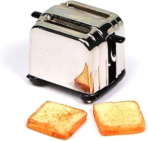 Miniature Toaster (Silver & Black) with 2 Pieces Breads Dollhouse Kitchen, Miniature Kitchen Breakfast, Toast 1:12 Scale Kitchen Accessories