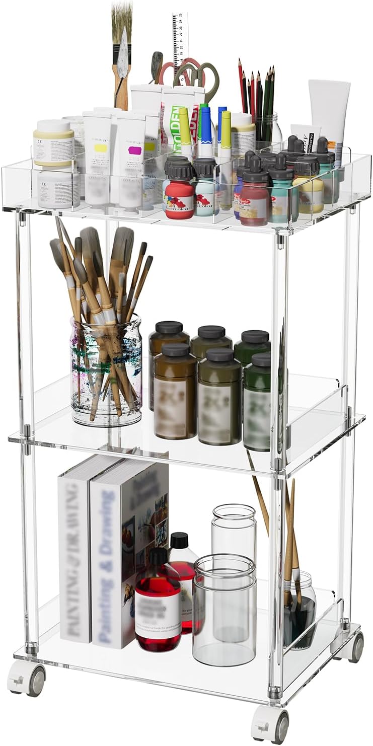 Eglaf Acrylic Craft Cart - 3-Tier Art Organizer Cart - Rolling Craft Storage Cart with Lockable Wheels, Versatile Paint Brush Holder & Paint Organizer - 15.6'' L x 11.6‘’ W x 29.1'' H