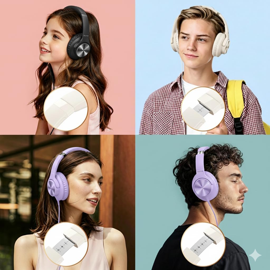 KVIDIO Wired Headphones with Mic, Volume & Playback Control, Over-Ear Foldable Headphones, USB-C Plug, 90° Swivel Ear Cups, 4.9ft Tangle-Free Cord for Tablet, Laptop, PC, School, Travel (Purple)