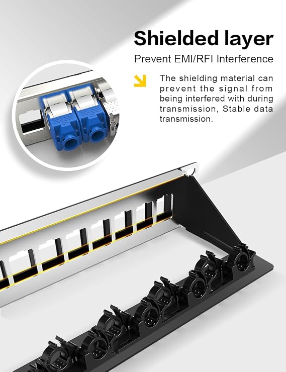 24-Port Blank Keystone Patch Panel for Rackmount Shielded 1U 19inch Network Patch Panel with Cable Support Bar
