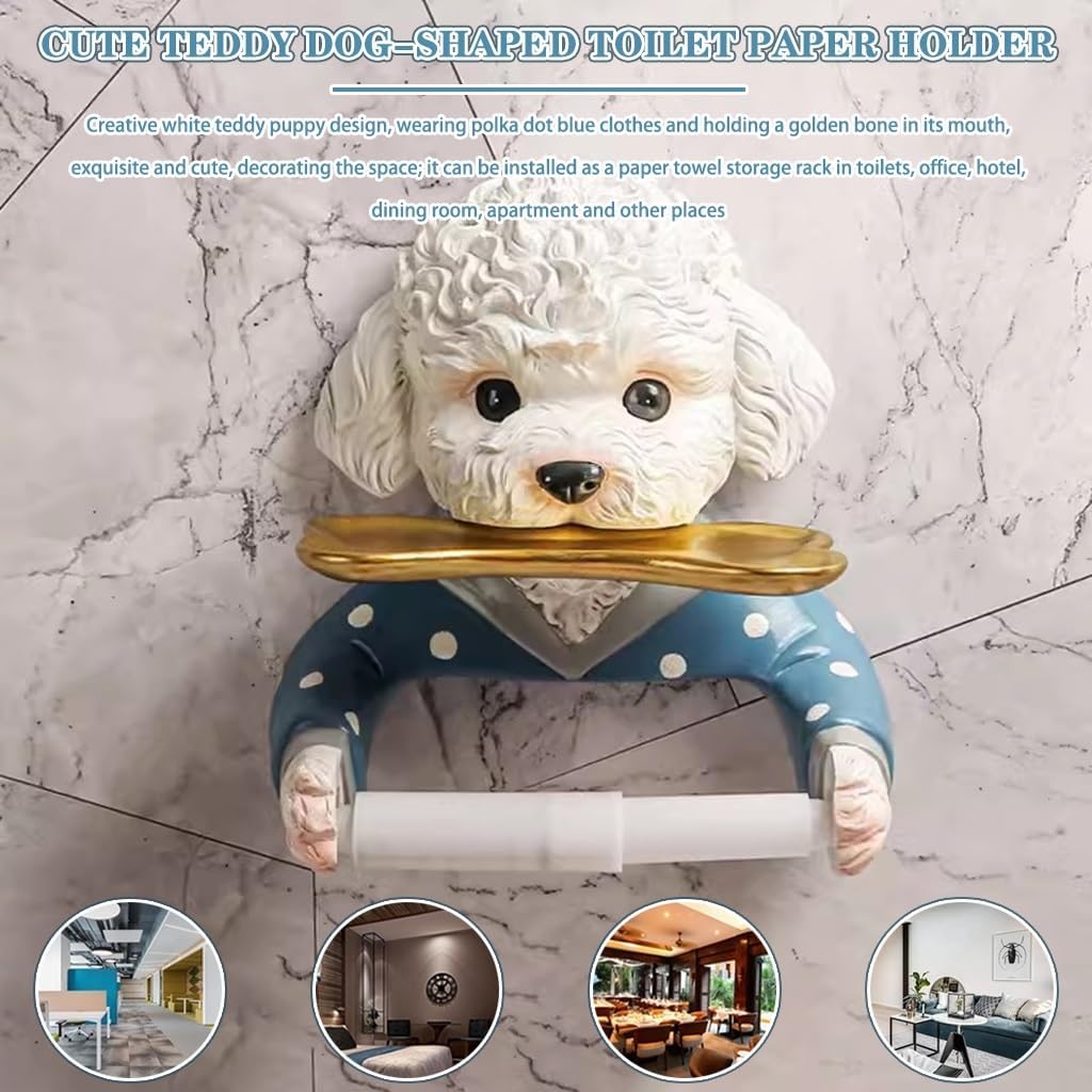 Tissue Roll Dispenser Creative Cute Teddy Dog Shape Toilet Paper Holder, Wall Mounted Towel Rack, Thoughtful Storage Tray, Gift, 20.7*17.9*10cm, White Blue