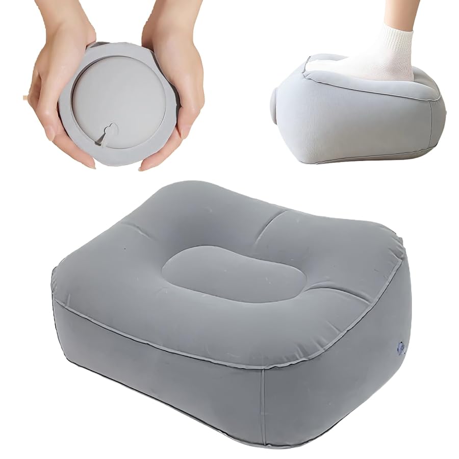 Inflatable Travel Foot Rest Pillow 【2025NEW·Upgraded Built-in Press-Type Inflation Device, Soft Flocking Pillow】 Flights Relax Cushion, Great for Cars, Home, Office, Trains, Airplane (Grey)