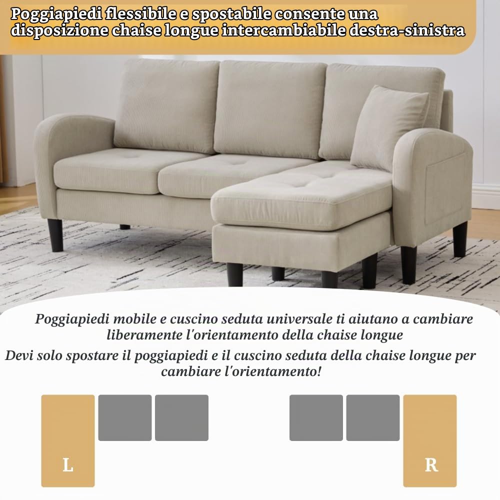 Divano angolare a L con chaise longue, tre posti, 166 x 118 x 77 cm, tessuto in velluto a coste traspirante, gambe in plastica, design modulare, ideale per il soggiorno (Marrone chiaro)