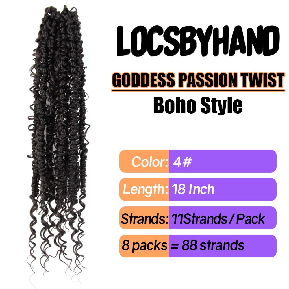 Boho Crochet Passion Twist Hair Pre looped, 18 Inch Goddess Passion Twist Crochet Hair with Curly Ends 8 Packs Brown Pre-twisted Bohemian Crochet Braids (8 PCS/88 STRANDS, 4#)