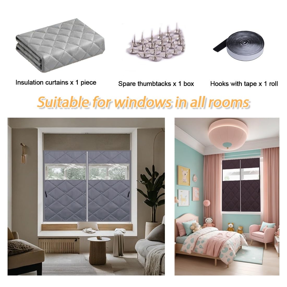 Winter-Fenster-Isolier-Set, transparente Thermovorhänge mit Riemen und Reißverschluss, energieeffiziente Fensterabdeckung für Schlafzimmer und Dachboden, Grau, 190 cm B x 90 cm H