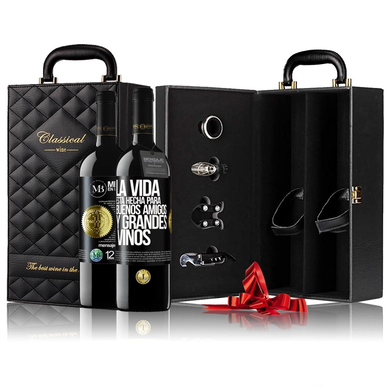 «La vida está hecha para buenos amigos y grandes vinos» Mensaje en una Botella. Estuche-Maletín de LUJO 2x Vino Tinto Premium Reserva 12 Meses y Set de 4 Accesorios. Etiqueta Negra PERSONALIZABLE