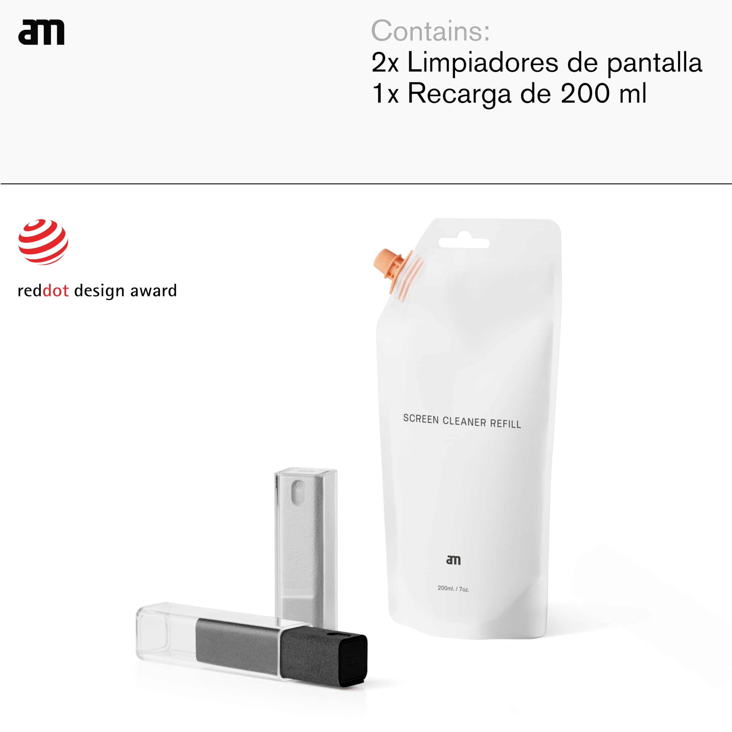 am Kit Limpiador de Pantallas 2 en 1 – MIST Recargables con Botella Refill de 200 ml y Microfibra Integrada – Para Móvil, Tablet, Portátil, Monitor, TV y Pantallas de Coche (Negro, Gris, 2 Pack)