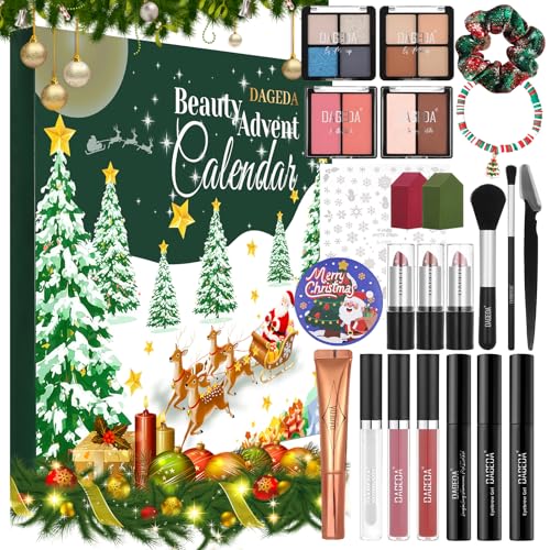 Prreal Calendario de Adviento de belleza 2025, regalos de maquillaje de Navidad de 24 días para ella, contiene kit de maquillaje de belleza, accesorios de ropa de Navidad, 24 regalos sorpresa de