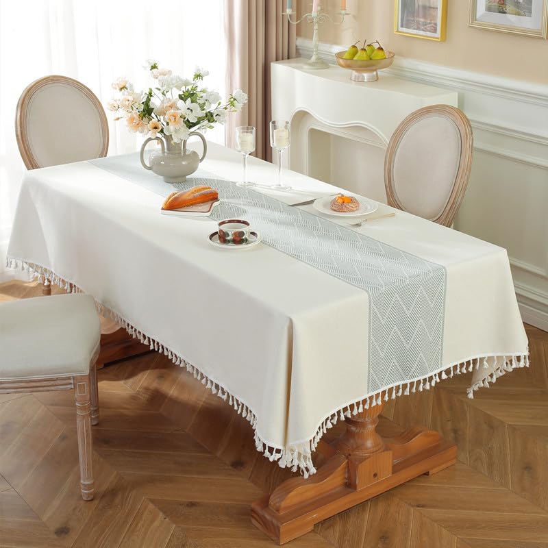 KIJSKKOPO Manteles Rectangulares De Tela Jacquard Ondulado Beige con Ribete De Borlas para Mesa De Comedor, Ideal para Cocina, Fiestas, Bodas, Picnics, Decoración De Jardín, 140 X 140 Cm (55,12 X