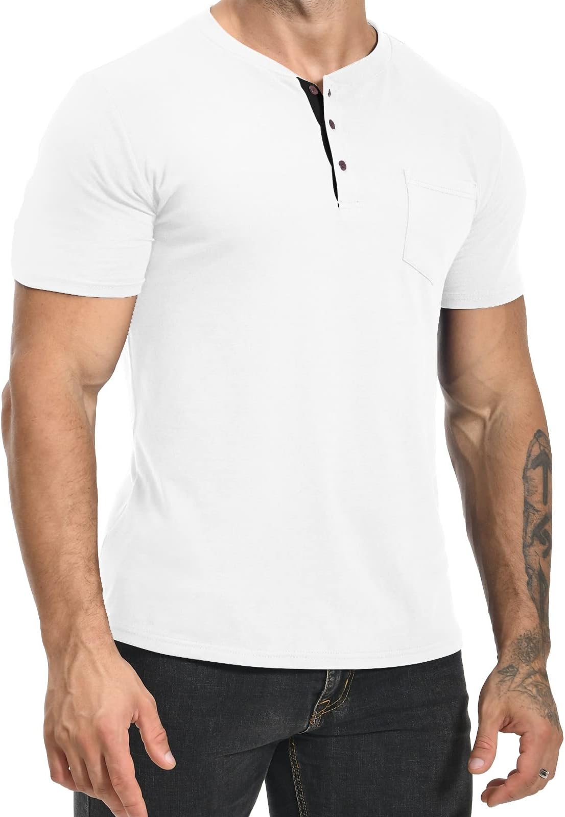 MLANM Mens Fashion Henley Shirts Short Sleeve Button Cotton T-Shirt