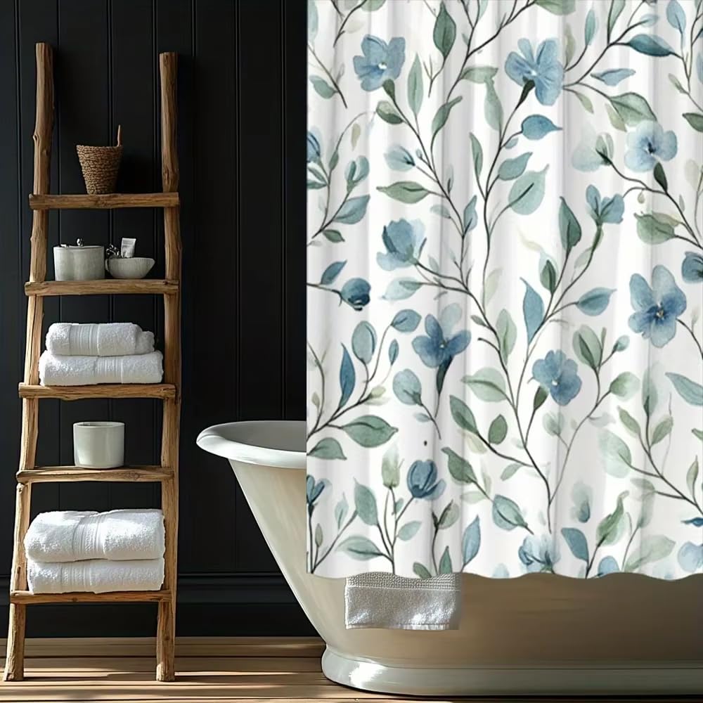 Tenda da doccia floreale turchese con stampa botanica,tenda da doccia minimalista e naturale con 12 ganci,lavabile in lavatrice (175x220 cm(LxA)