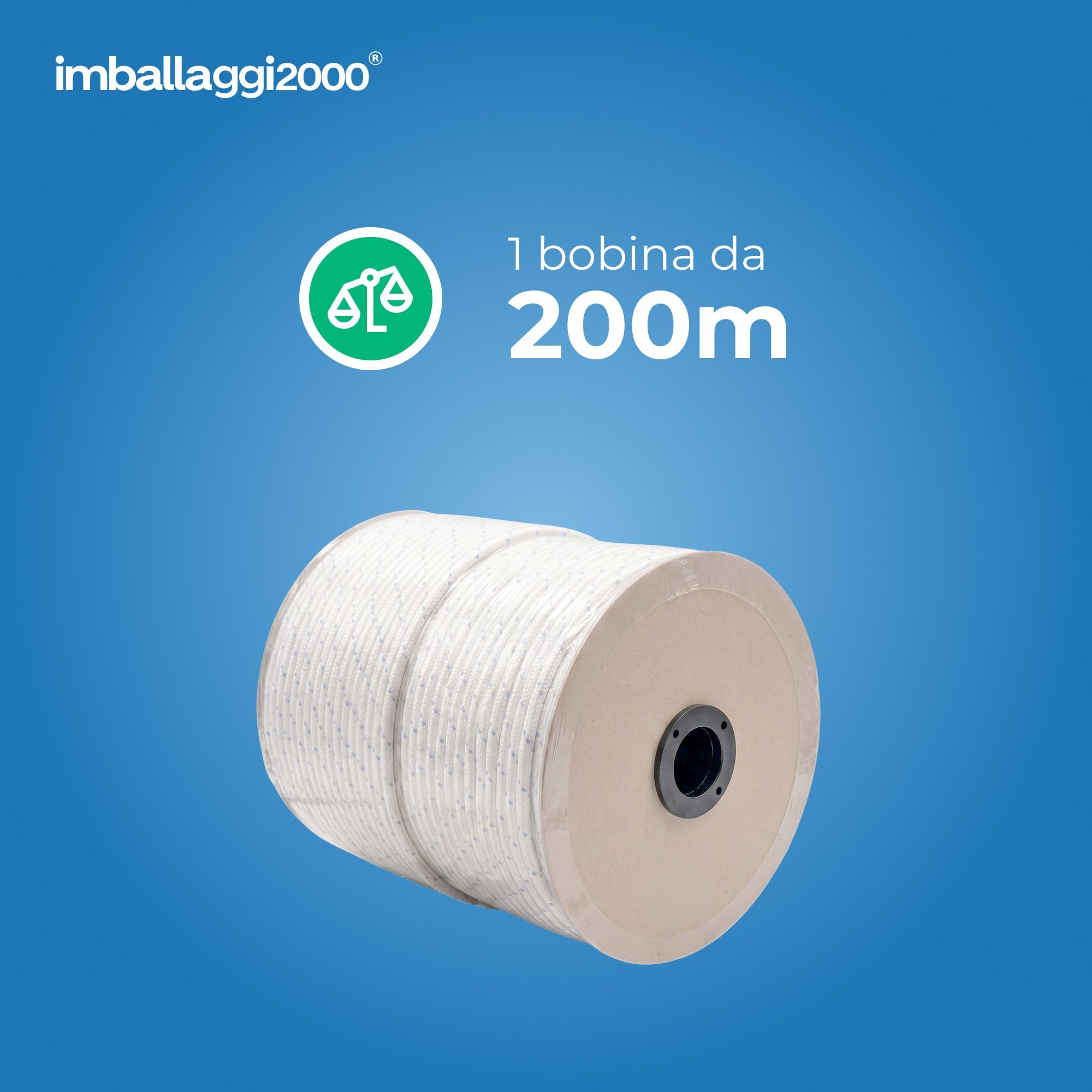 IMBALLAGGI 2000 - Corda Treccia Mare 8mm Bianca con Spia Blu - Intera Bobina 200 Metri - Stabilizzata UV, Resistente Intemperie e Agenti Atmosferici