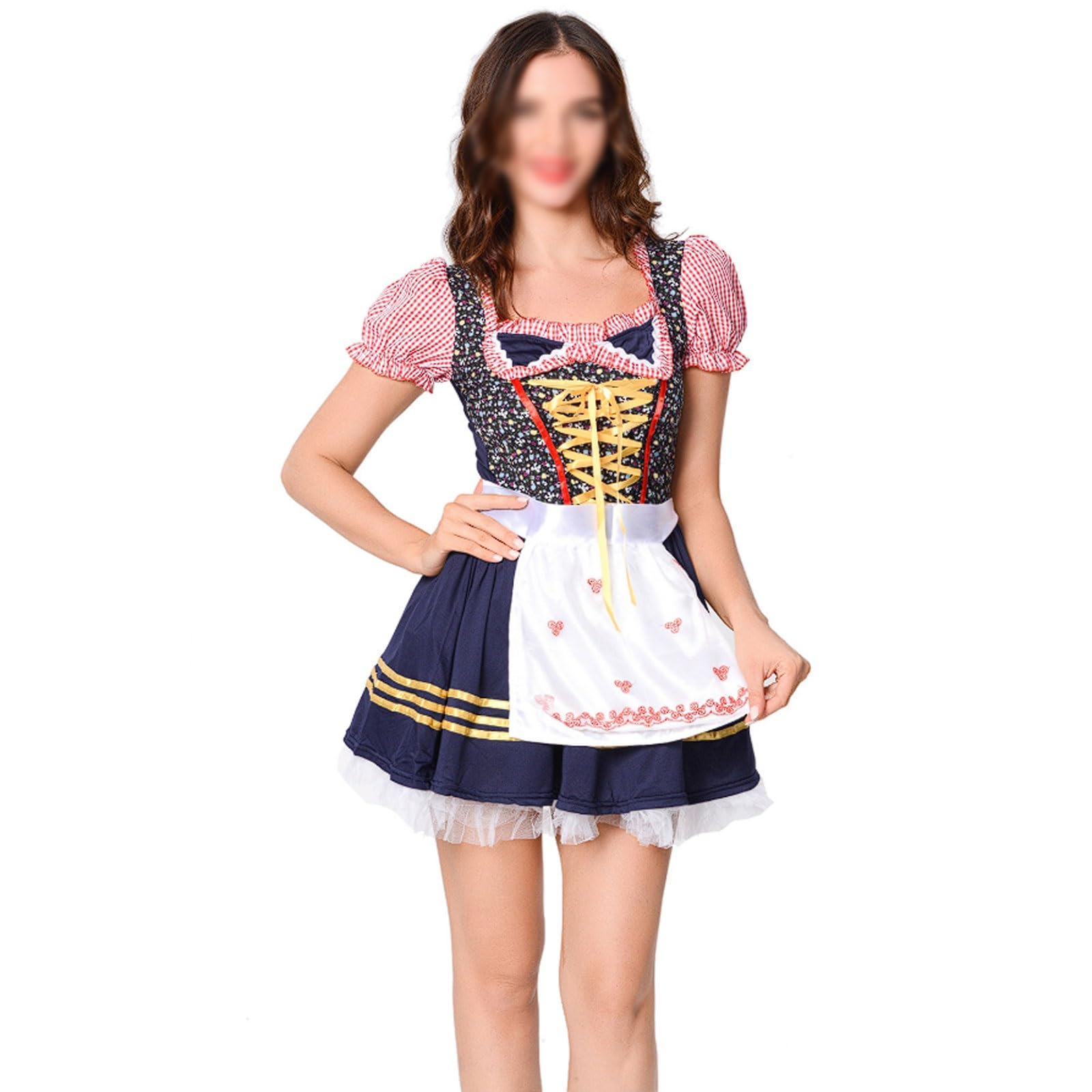 Costume da Cameriera Tedesca dell'Oktoberfest, Blu Navy con Corpetto a Quadri Rosa, Completo Professionale for ristoranti e Bar